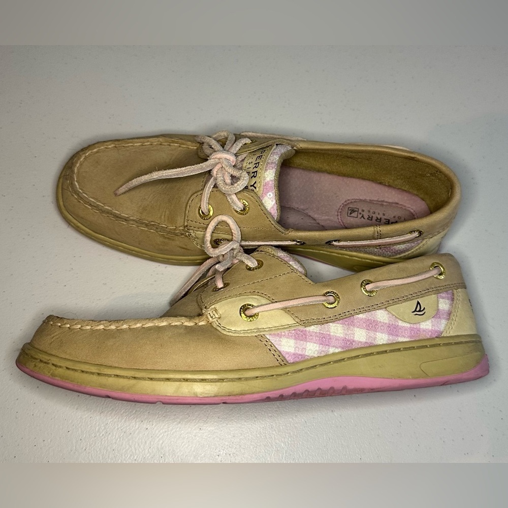 Sperry Women’s Topsider Boat Shoes Sz 8 Pink Sequins Tan Leather Loafers